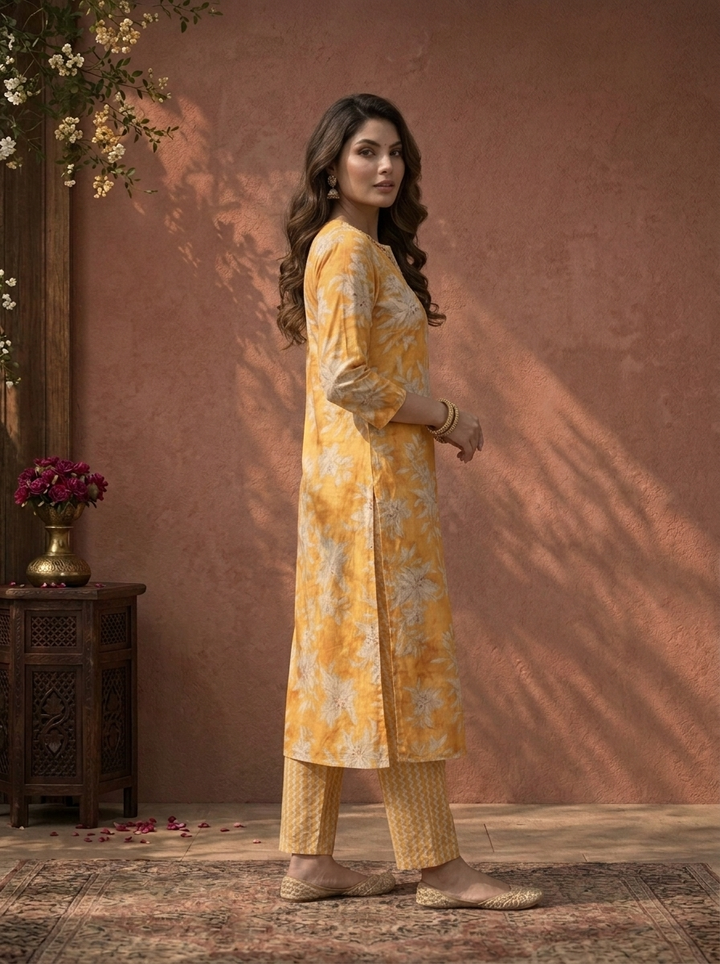 Mustard Silk Lilly Floral Vine Printed Three Piece Set