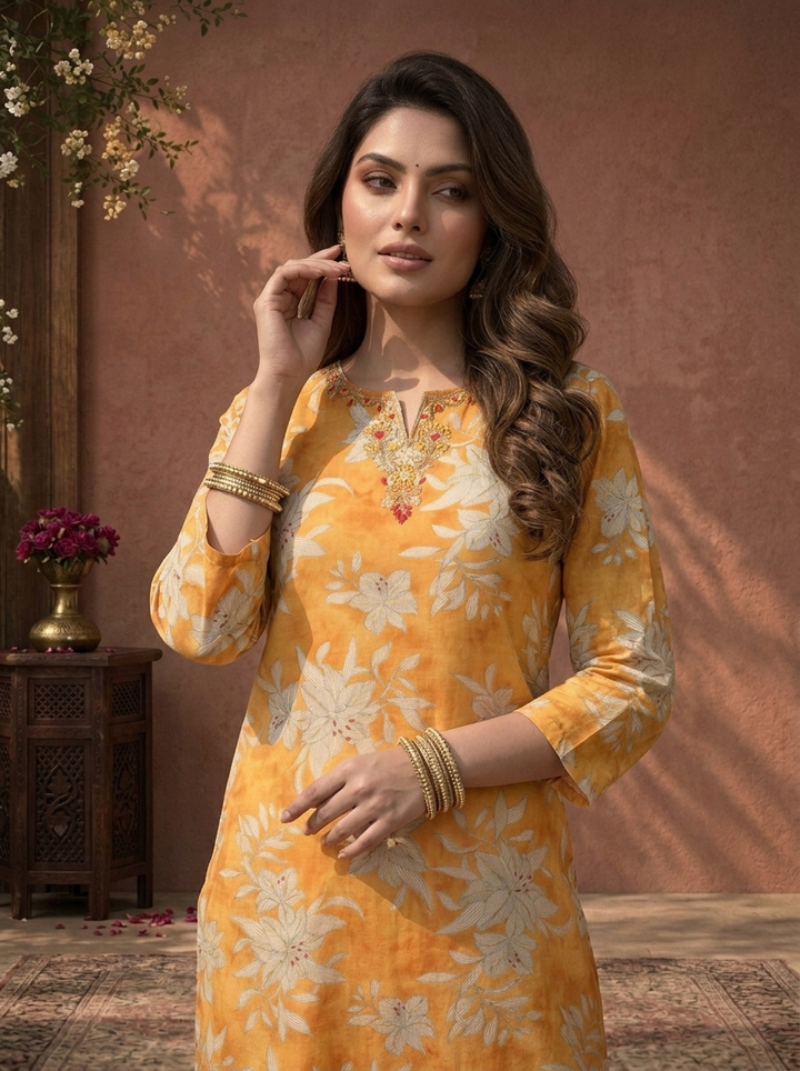 Mustard Silk Lilly Floral Vine Printed Three Piece Set