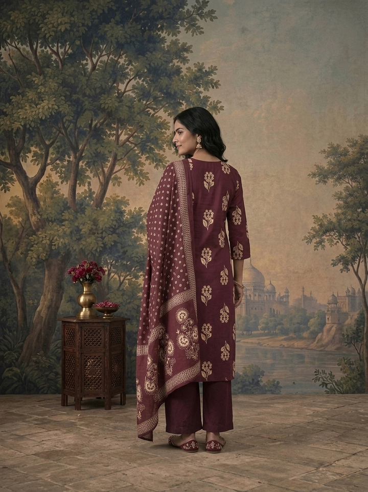 Wine Cotton Small Floral Buti Cluster Printed Three Piece Set