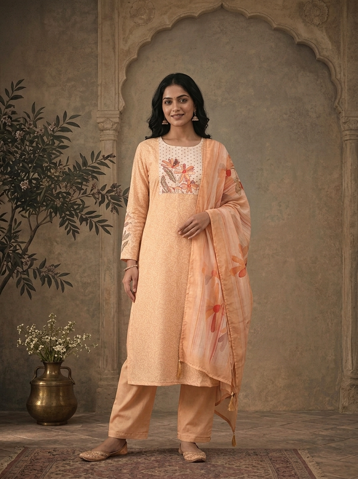 Yellow Muslin Floral Yoke Jaal Printed Three Piece Set