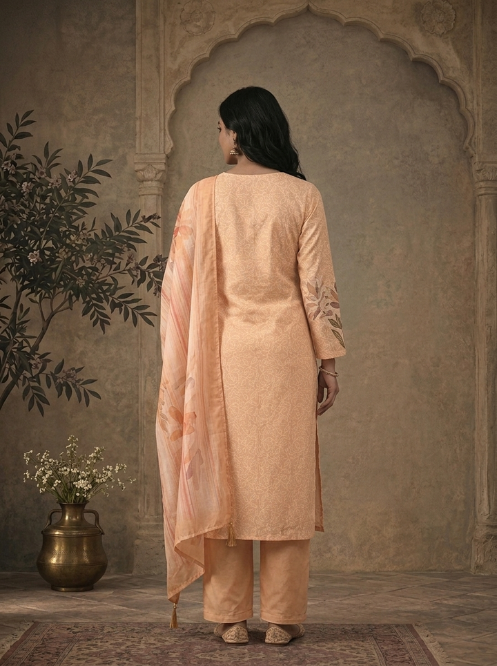 Yellow Muslin Floral Yoke Jaal Printed Three Piece Set