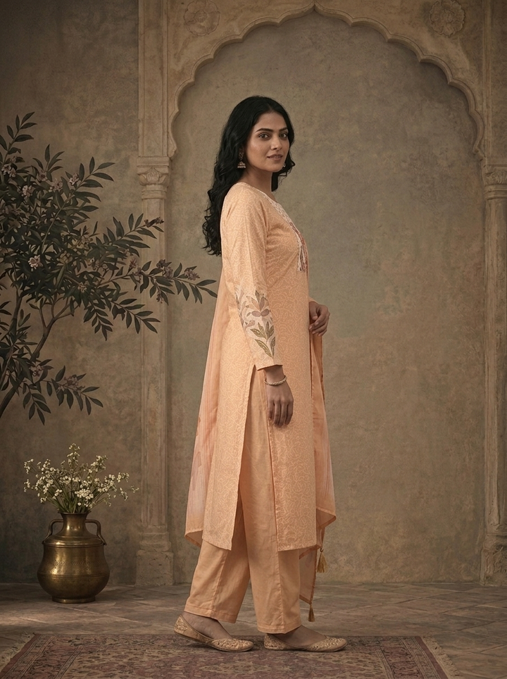 Yellow Muslin Floral Yoke Jaal Printed Three Piece Set