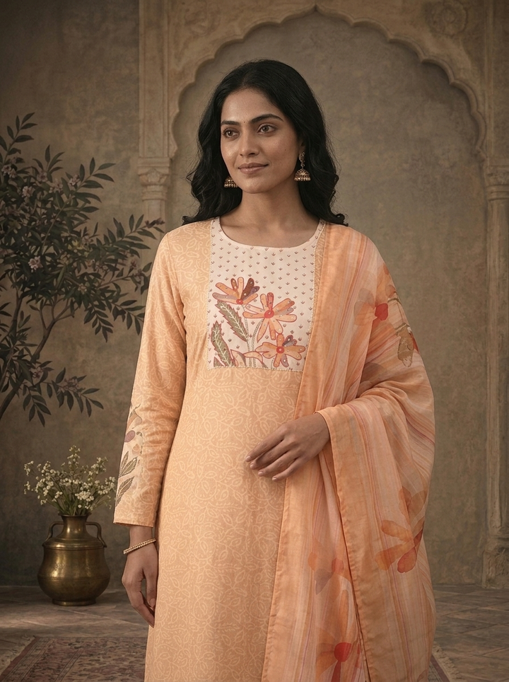 Yellow Muslin Floral Yoke Jaal Printed Three Piece Set