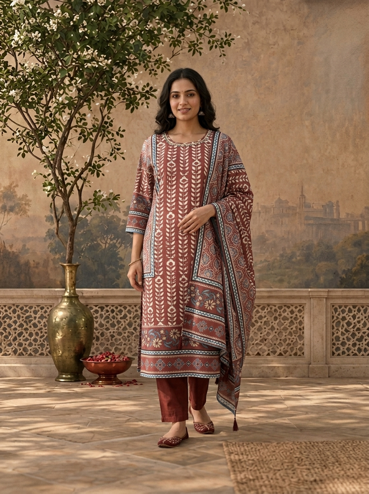 Brown Rayon Geometric Ajrakh Printed Three Piece Set