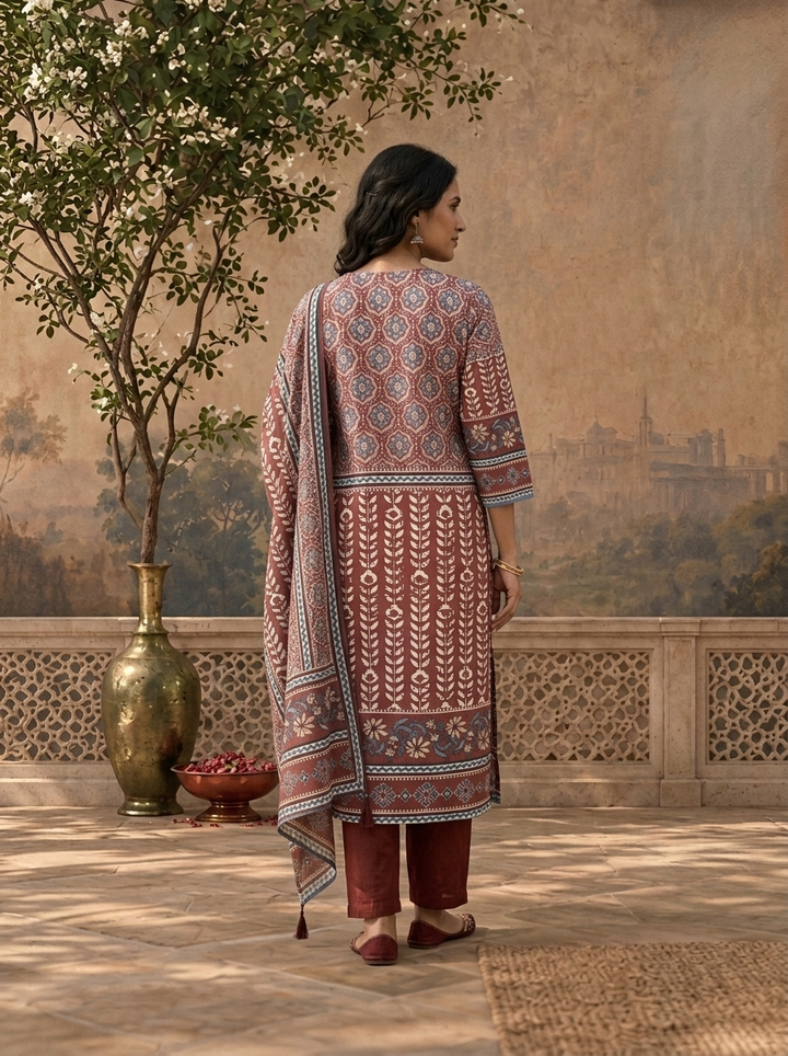 Brown Rayon Geometric Ajrakh Printed Three Piece Set