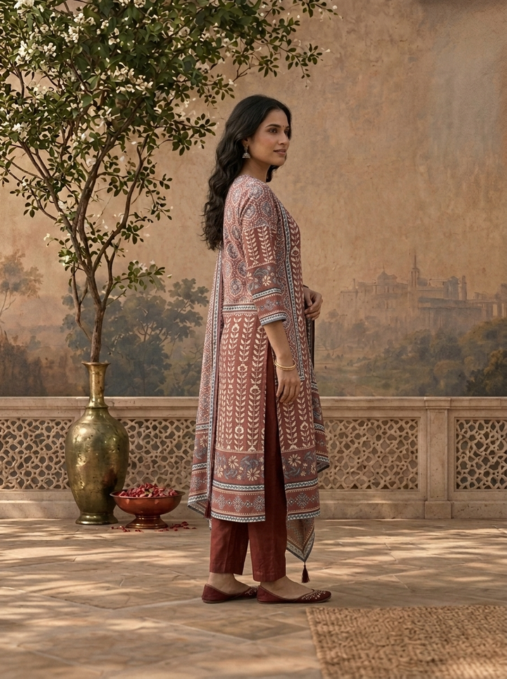 Brown Rayon Geometric Ajrakh Printed Three Piece Set