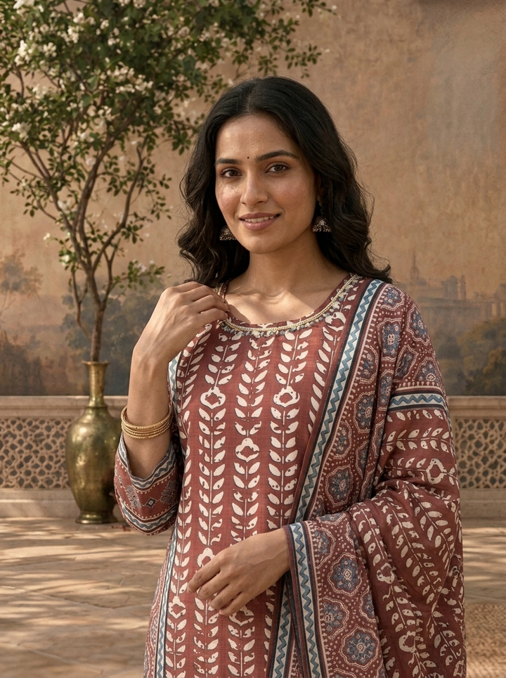 Brown Rayon Geometric Ajrakh Printed Three Piece Set