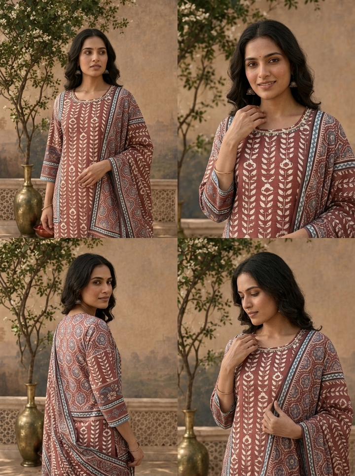 Brown Rayon Geometric Ajrakh Printed Three Piece Set