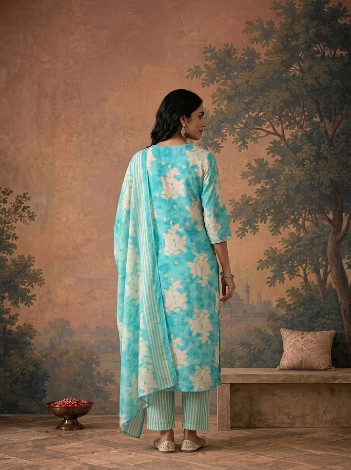 Ferozi Rayon Floral Magnolia Orchid Printed Three Piece Set