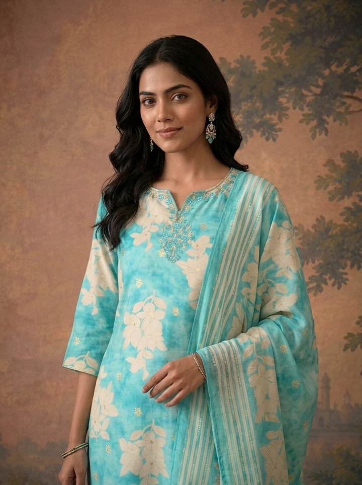 Ferozi Rayon Floral Magnolia Orchid Printed Three Piece Set