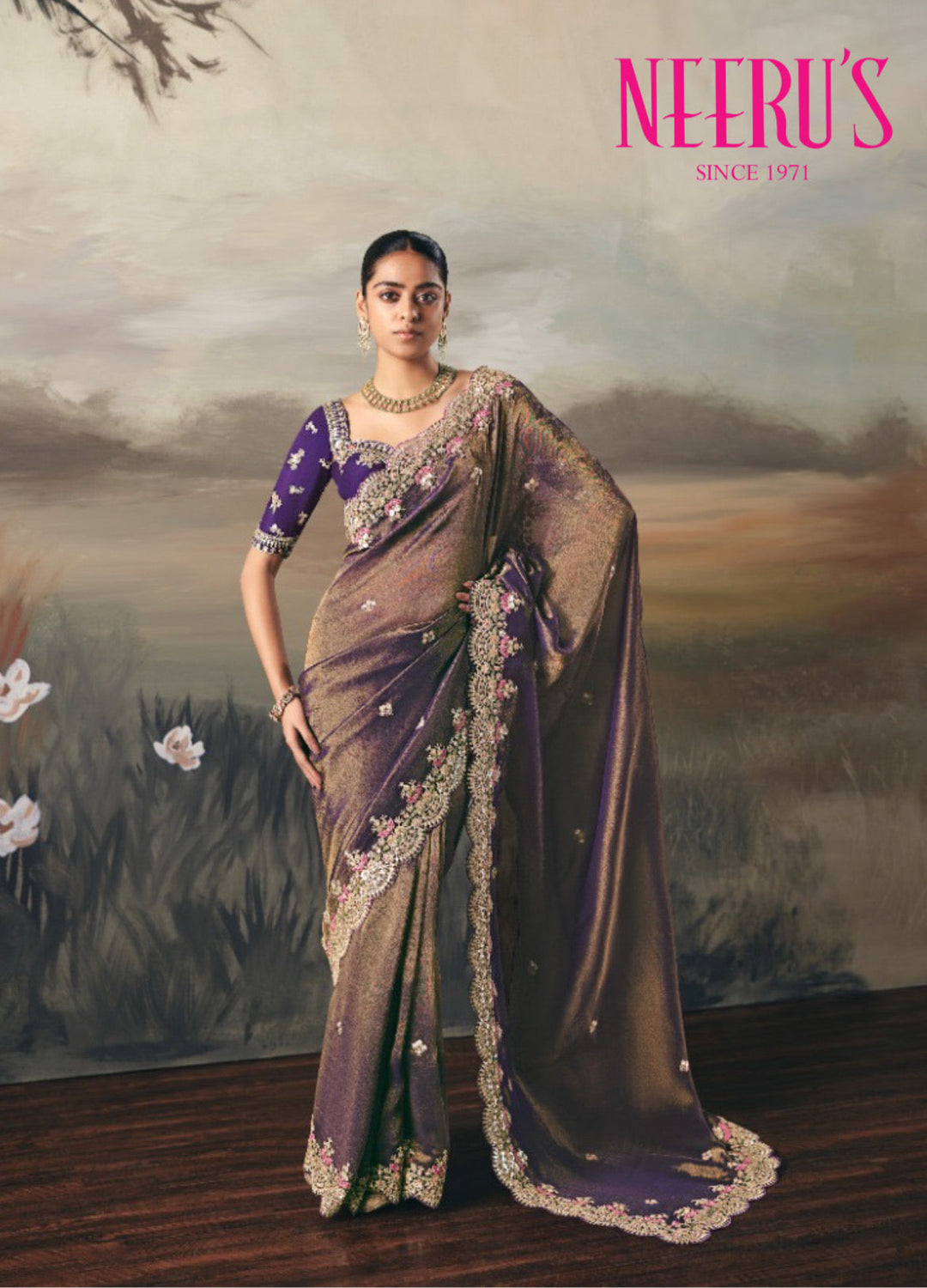 Neerus Purple tissue embellished saree floral sequins work - front view