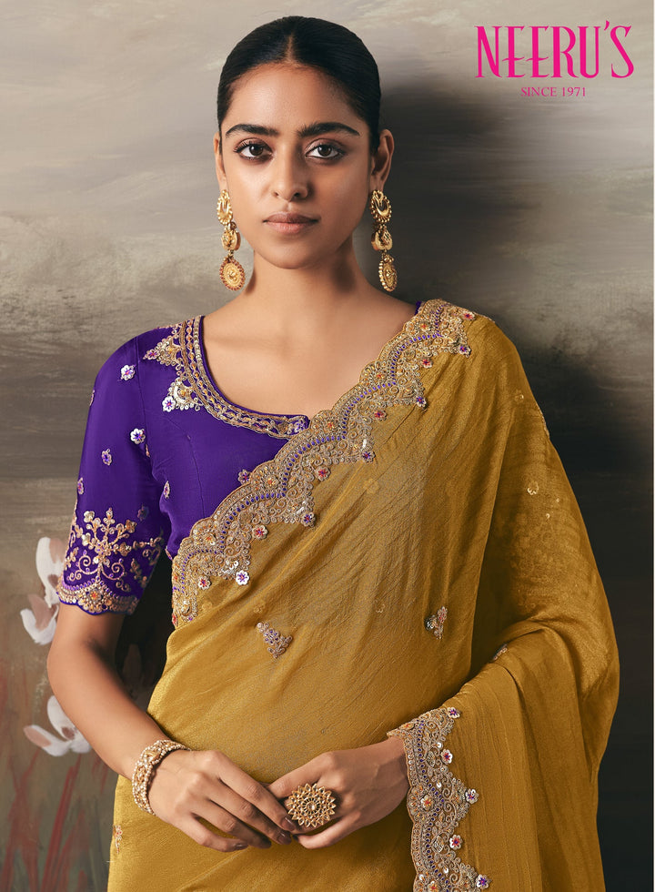 Neerus Yellow tissue embellished saree - back view