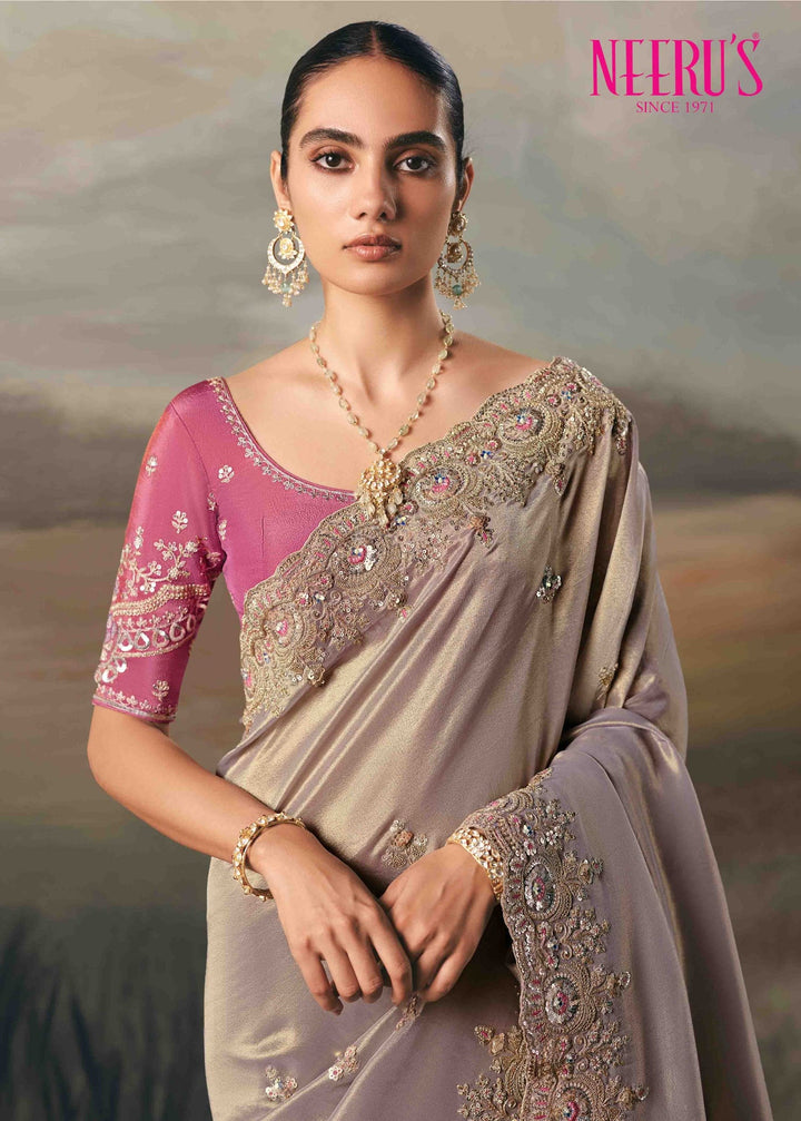 Neerus Purple tissue embellished saree with zari and sequins work - back view