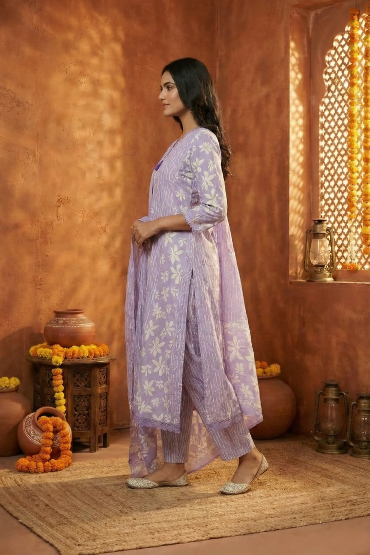Neerus Purple cotton thread embroidered suit set - back view