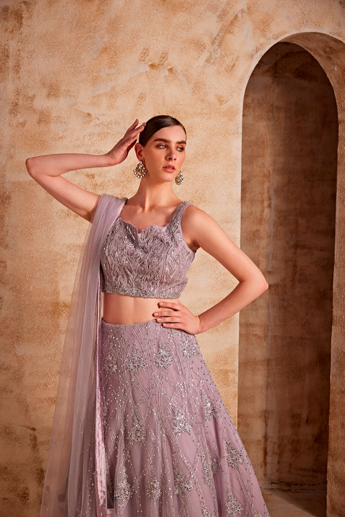 Neerus Purple net embellished lehenga set - front view