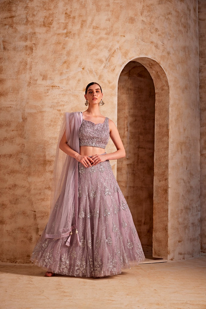 Neerus Purple net embellished lehenga set - back view