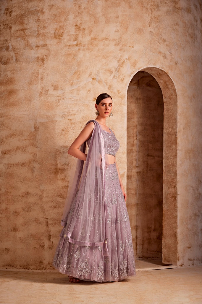 Neerus Purple net embellished lehenga set - side view