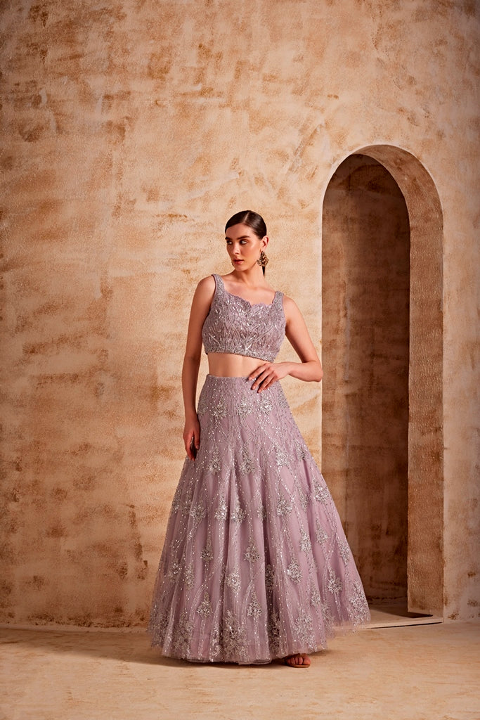 Neerus Purple net embellished lehenga set - detail view 1