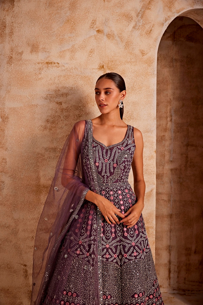 Neerus Maroon net embroidered gown - front view