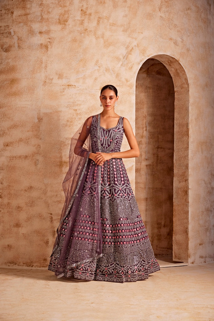 Neerus Maroon net embroidered gown - back view