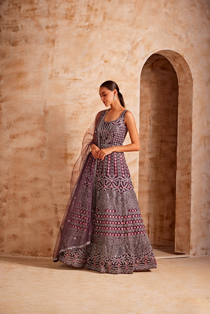 Neerus Maroon net embroidered gown - side view