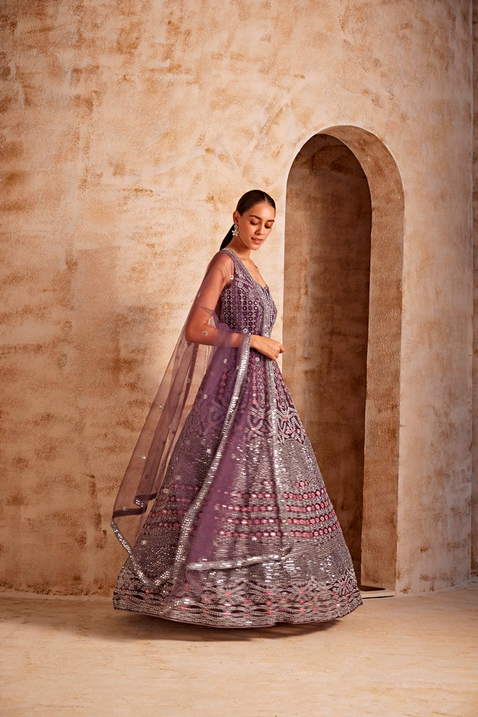 Neerus Maroon net embroidered gown - detail view 1