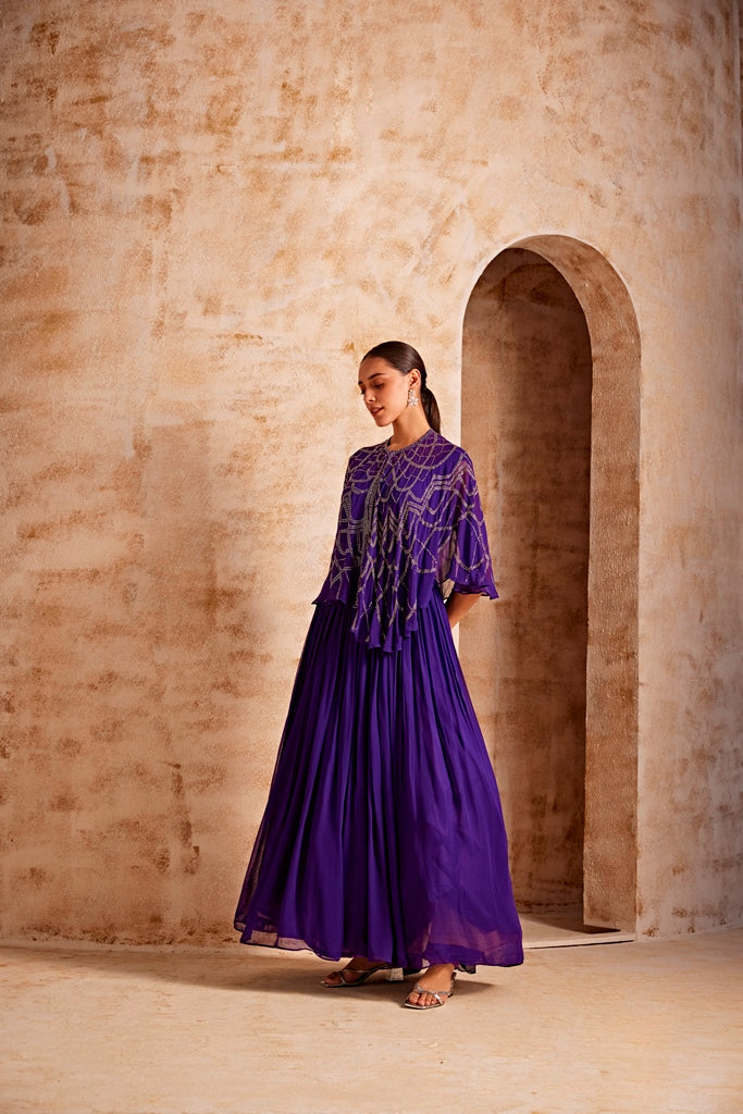 Neerus Purple georgette flared lehenga set - side view