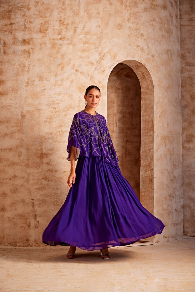 Neerus Purple georgette flared lehenga set - front view