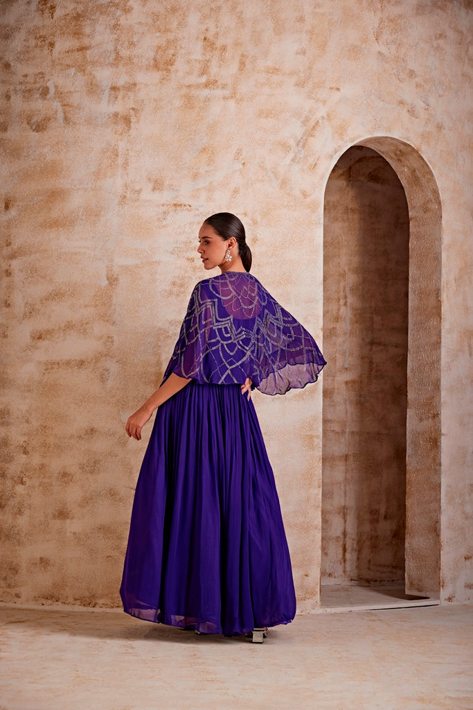Neerus Purple georgette flared lehenga set - back view