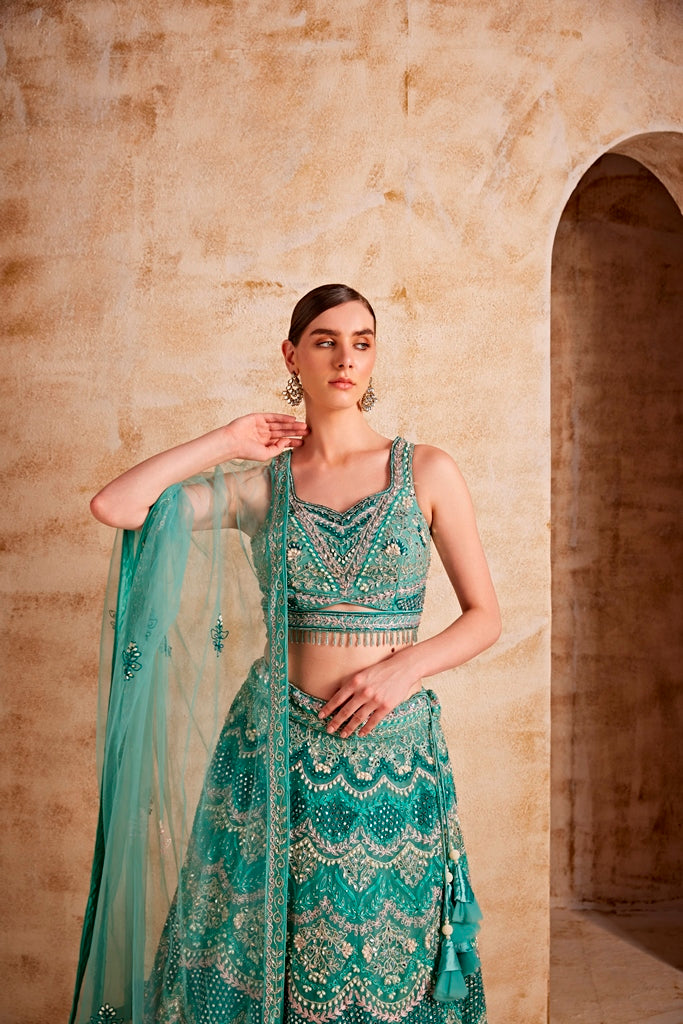 Neerus Green net embellished lehenga set - back view