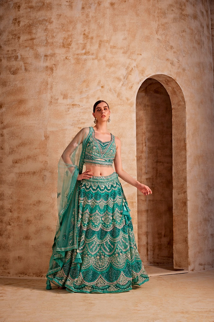 Neerus Green net embellished lehenga set - front view