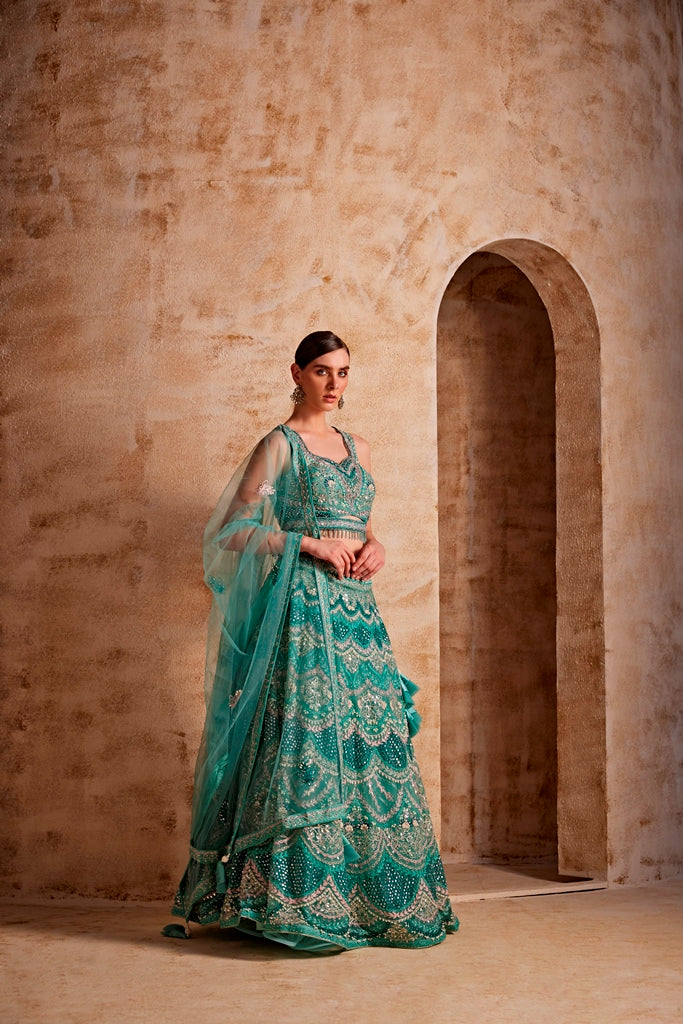 Neerus Green net embellished lehenga set - side view