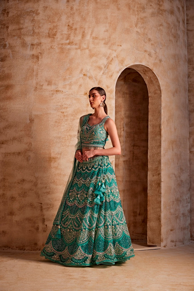 Neerus Green net embellished lehenga set - detail view 1