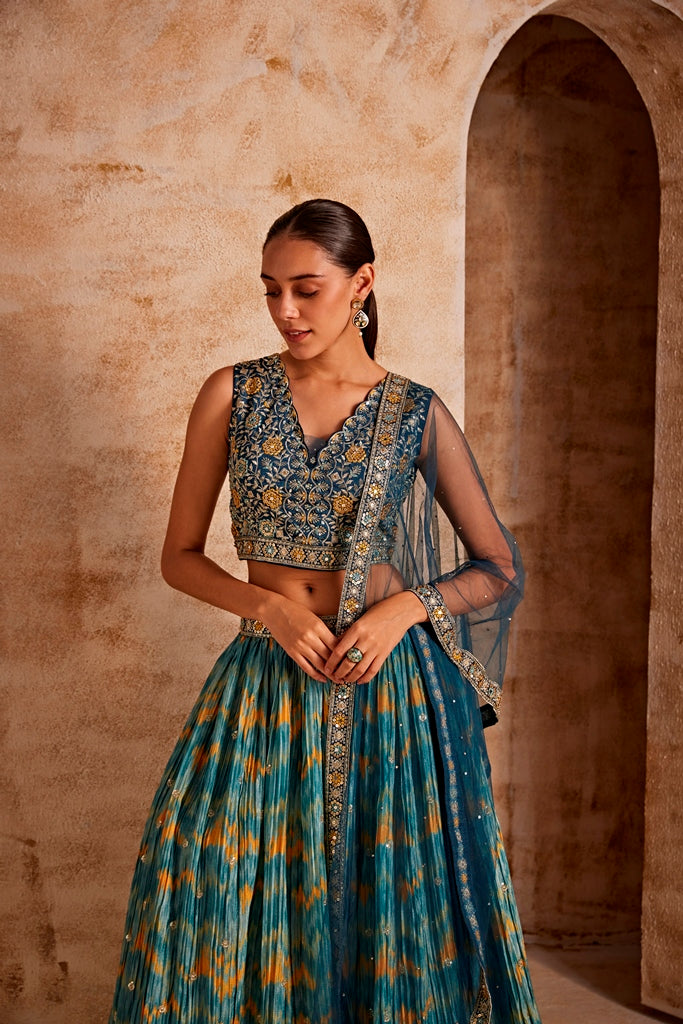 Neerus Green silk embellished lehenga set - front view