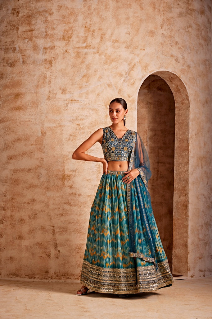 Neerus Green silk embellished lehenga set - back view