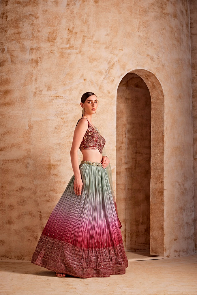 Neerus Maroon embroidered flared lehenga set - back view