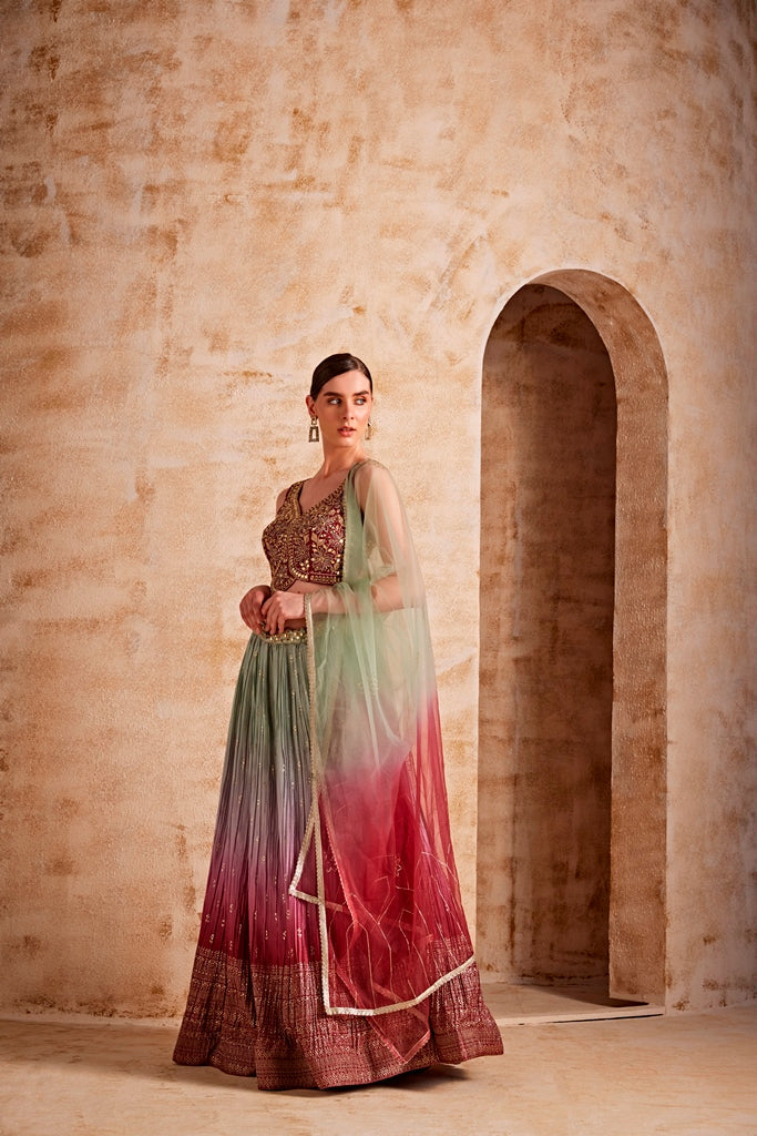 Neerus Maroon embroidered flared lehenga set - side view