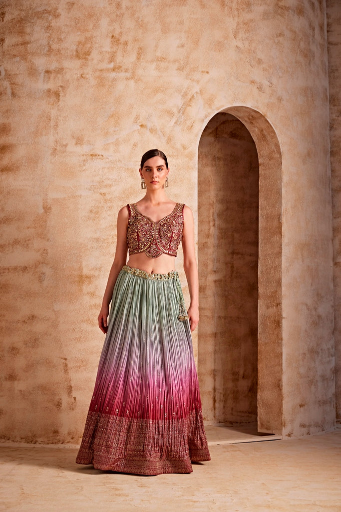 Neerus Maroon embroidered flared lehenga set - detail view 1