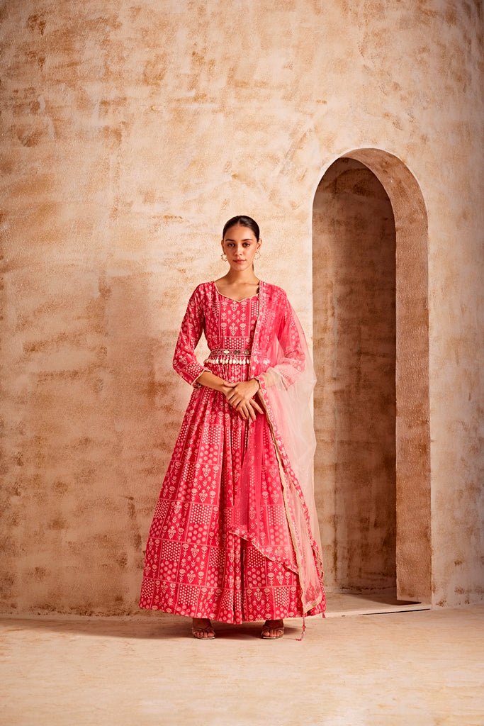 Neerus Pink georgette maxi gown - front view