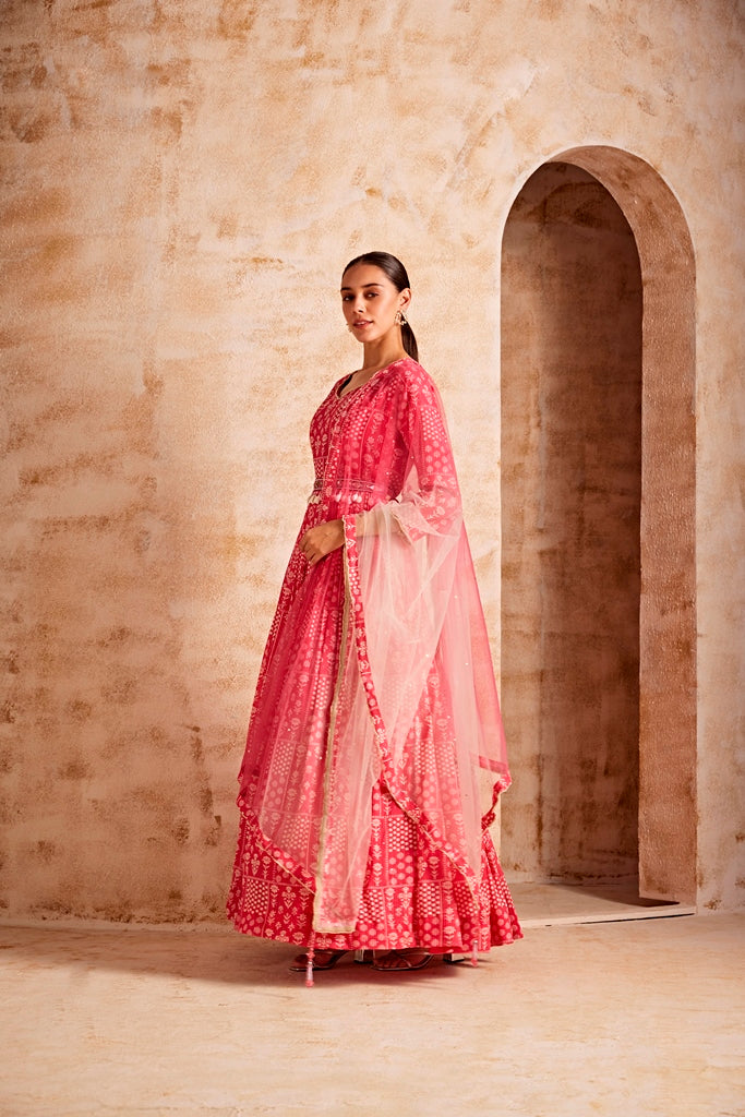 Neerus Pink georgette maxi gown - back view