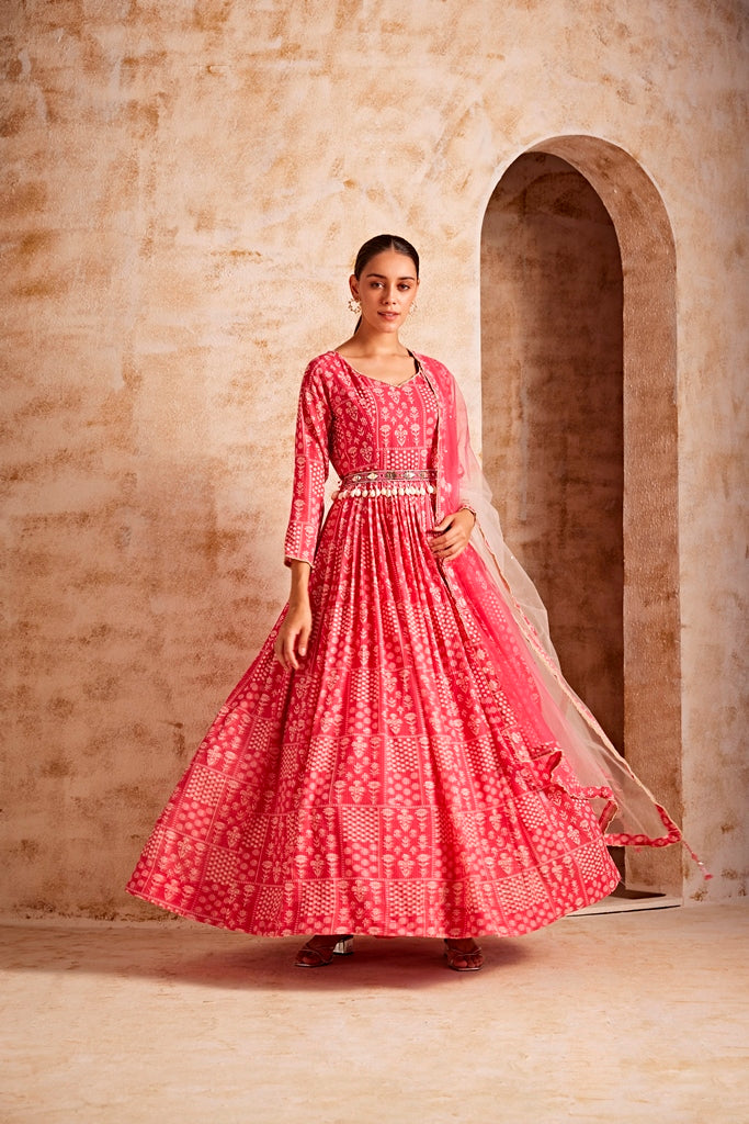 Neerus Pink georgette maxi gown - side view