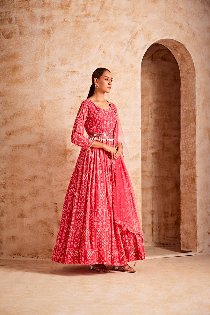 Neerus Pink georgette maxi gown - detail view 1
