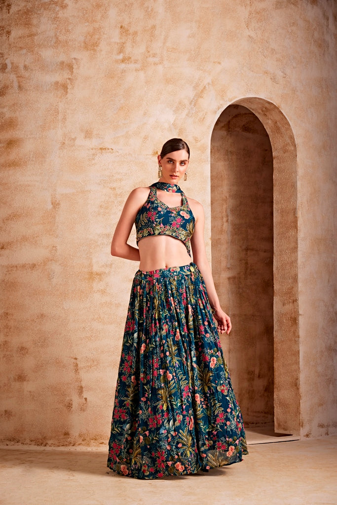 Neerus Blue georgette printed lehenga set - front view