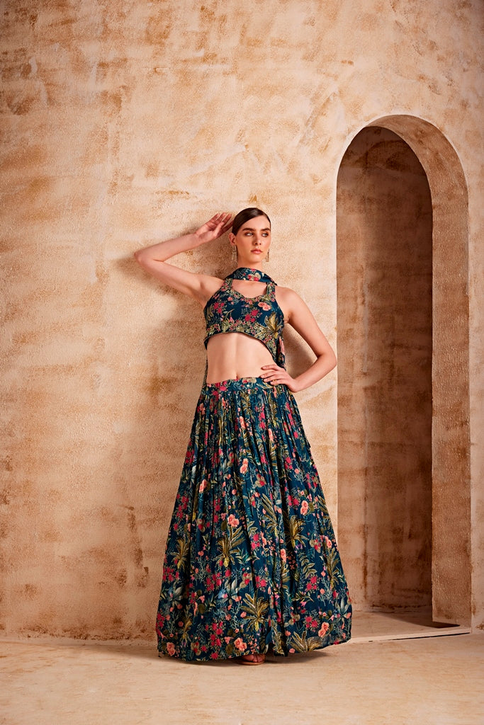 Neerus Blue georgette printed lehenga set - back view