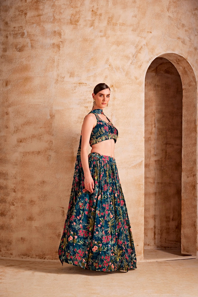 Neerus Blue georgette printed lehenga set - side view