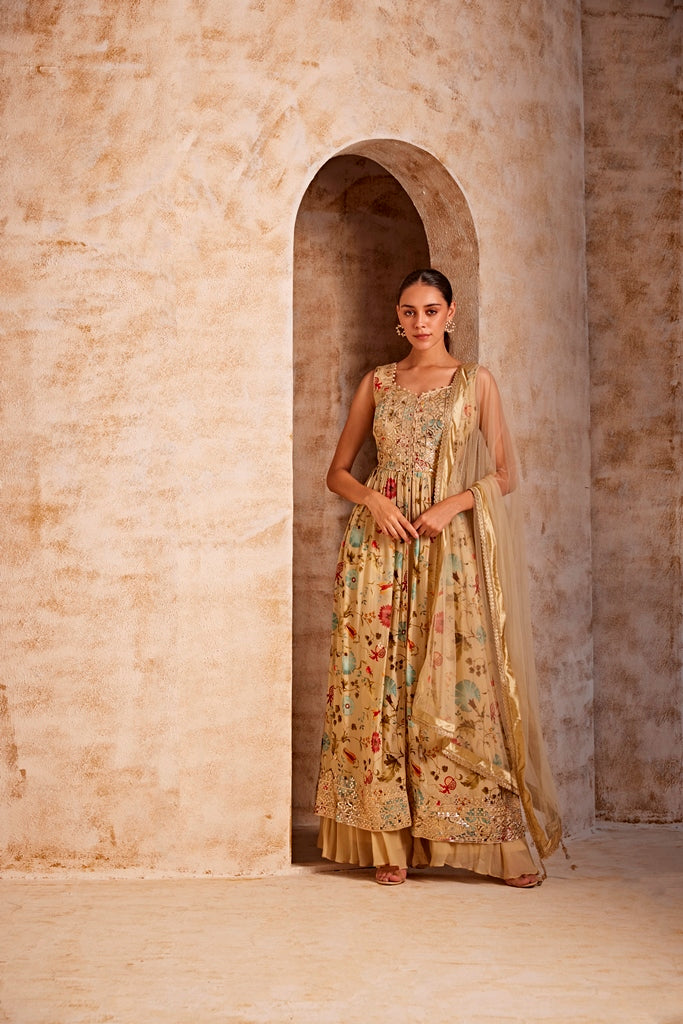 Neerus Beige crepe embroidered suit set - front view