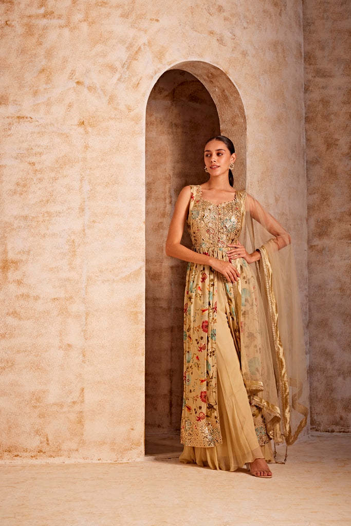 Neerus Beige crepe embroidered suit set - detail view 1