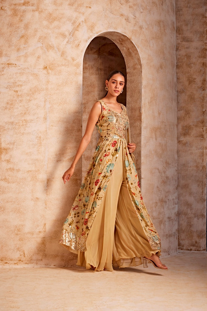 Neerus Beige crepe embroidered suit set - back view