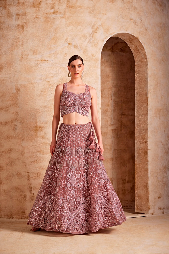 Neerus Pink net embellished lehenga set - back view