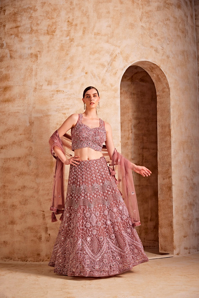 Neerus Pink net embellished lehenga set - front view